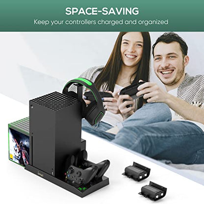 FASTSNAIL Vertical Cooling Fan & Charging Stand for Xbox Series X, Charger Station for Xbox Series X Controller with 2 Pack 1400mAh Rechargeable Batteries, Accessories with Game Slot & Headset Holder