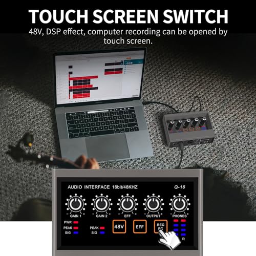 XTUGA USB Audio Interface for PC with Touch Model 16 bit/48 kHz, DSP Effect, 48V Phantom Power XLR Audio Interface for Recording Music, Live Streaming, Q-16