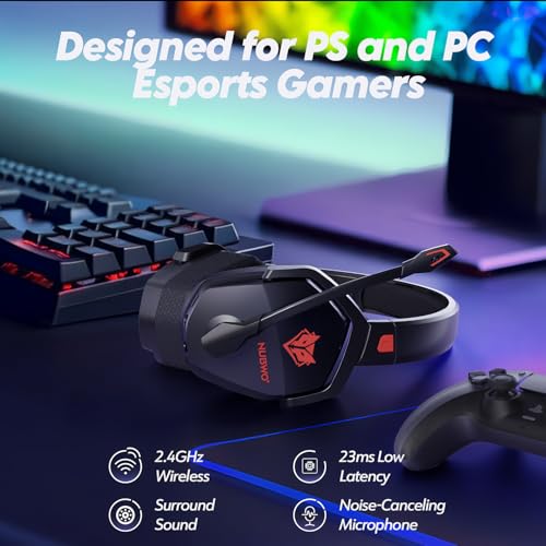 NUBWO Wireless Gaming Headset with Mic for Ps5 Ps4 PC, Zero Interference, 100-Hour Battery All-Day Play, 23ms Sync for Fortnite & Call of Duty/FPS Gamers, Triple Mode All Devices Compatible - Red - color: Red
