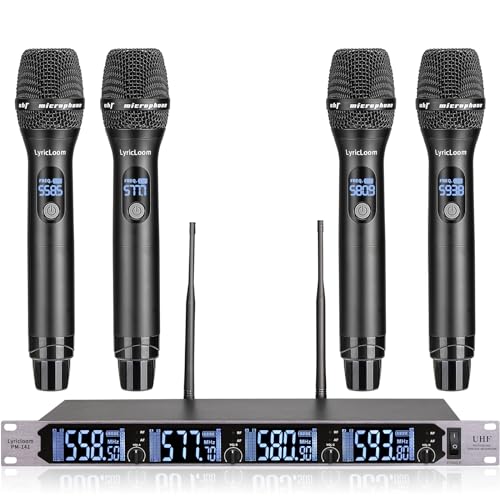 LyricLoom Professional 4 Channel Wireless Microphone System, Metal Handheld Dynamic UHF Wireless Mics Set 4 Pack, Vocal Cordless Microphnes for Singing and Dj,Karaoke,Speaker,chrush,Long Range 300ft