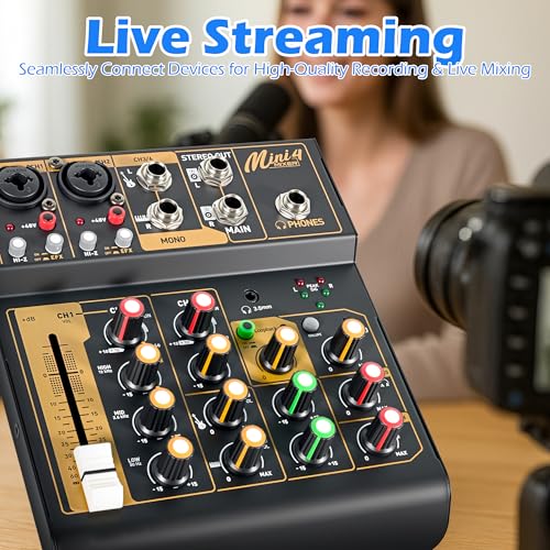 Mini Audio Mixer, Portable Mini4 DJ Board Mixer with USB Bluetooth, 4 Channel Sound Mixing Board for Wedding Party Podcast Live Performance Event