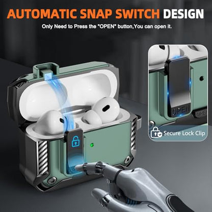 for AirPods Pro 1st/2nd Case with Lock & Phone Stand(Green) | Automatic Snap Switch Lock,Carbon Fiber Texture Design Cover with Cleaner Kit - color: BB-Green