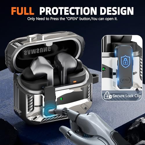 Safety Lock Case for Samsung Galaxy Buds3 FE/3/3 Pro (C-White) | with Secure Lock Clip & Cleaning kit Full Body Shockproof Carbon Fiber Protection Design - color: B-C-white