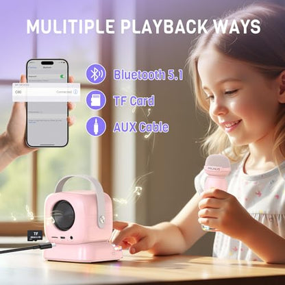 Mini Karaoke Machine with Colorful 7 Piano Keys,Top | Birthday for 3 4 5 6 7 8 9 10 11 12+ Years Old, Portable Bluetooth Speaker with Wireless Microphone,Boys and Girls Gift-Pink - color: C60Pink