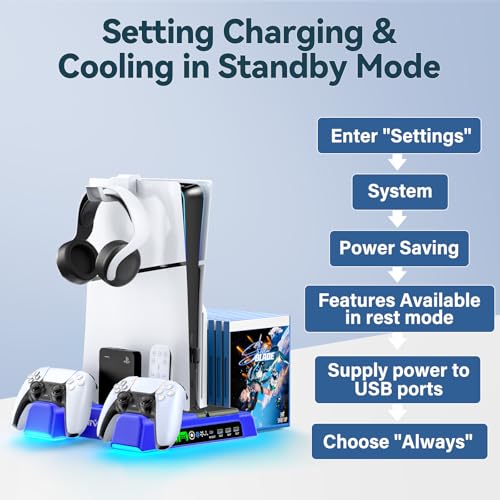PS5/Slim/Pro Stand and Cooling Station with LED Controller Charging Station for PlayStation 5 Console, Controller Charger, Cooling Stand, PS5/Slim/Pro Skin Accessories Kit with 3 Level Cooler Fan - color: Blue