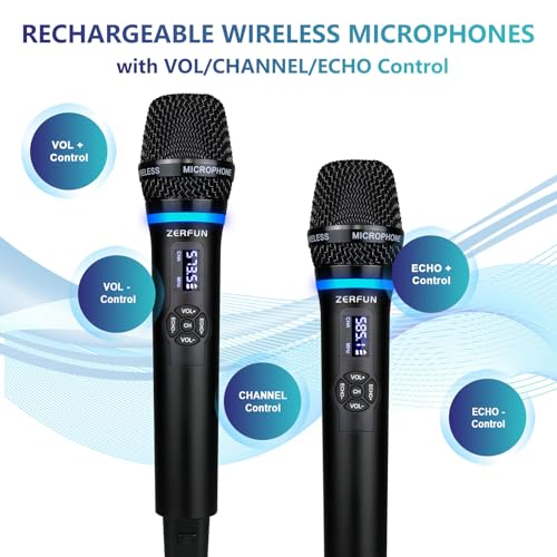 Dual Wireless Microphones Rechargeable, UHF Metal Wireless Mic System Cordless Microphone Professional with Echo VOL Channel Control for Karaoke Singing Church Events - style: WM-2 C