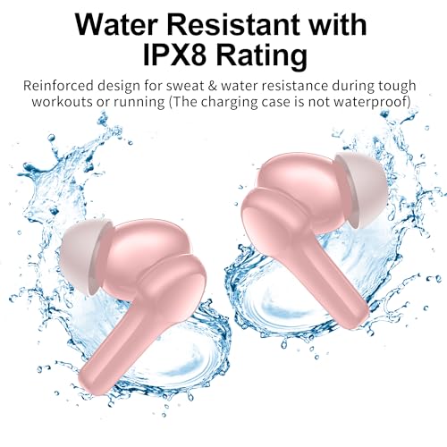 Wireless Earbuds,Bluetooth 5.3 Ear buds Immersive Sound Hi-Fi Stereo IPX8 Waterproof Headsets Premium Deep Bass Headphones with 4 Mics Call Noise Cancelling Earphones for iOS,Android,Workout - Pink - color: Pale Pink