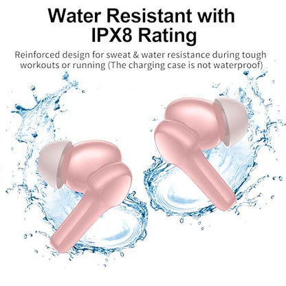 Wireless Earbuds,Bluetooth 5.3 Ear buds Immersive Sound Hi-Fi Stereo IPX8 Waterproof Headsets Premium Deep Bass Headphones with 4 Mics Call Noise Cancelling Earphones for iOS,Android,Workout - Pink - color: Pale Pink