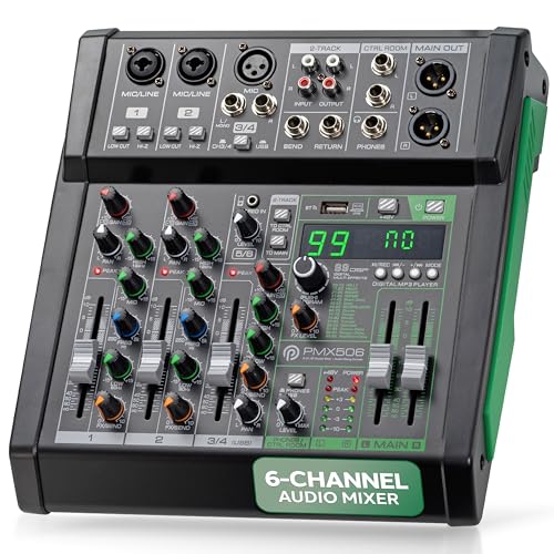 Pyle 6 Channel Audio Mixer - 2 XLR Combo Mic Inputs, Bluetooth Studio Mixer/DJ Controller with DSP Digital Effects, USB-A In with MP3 Player, PC Recording, LED Level Meter, Smooth Dials and Faders - style: 6 Channel