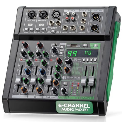 Pyle 6 Channel Audio Mixer - 2 XLR Combo Mic Inputs, Bluetooth Studio Mixer/DJ Controller with DSP Digital Effects, USB-A In with MP3 Player, PC Recording, LED Level Meter, Smooth Dials and Faders - style: 6 Channel