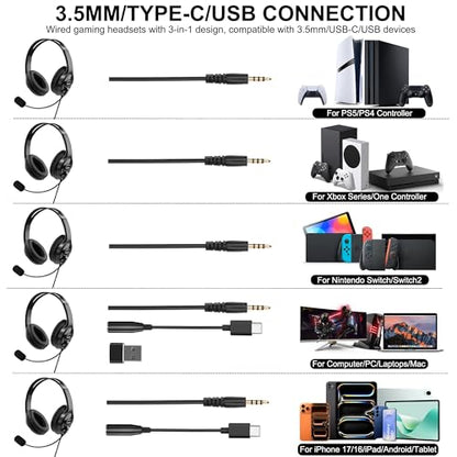Wired Gaming Headset with Mic for PS5/PS4/Xbox/Switch/PC/Laptop/Tablet/Phone, Over-Ear Headphones with USB-A/C & 3.5mm Jacks/360° Rotating Microphone/In-line Control for Home Office Business Work - style: Double Ear - Flexible Mic