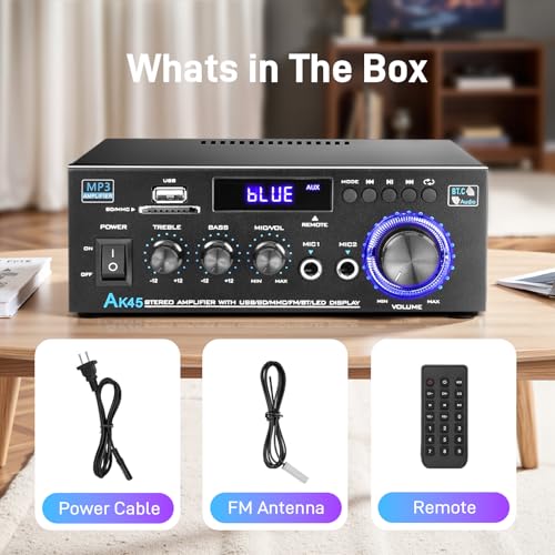 AK45 Stereo Home Audio Amplifier with 5.0 Bluetooth Receiver, 300W+300W Bluetooth HiFi AMP Power Amplifier 2.0 Channel RMS 40W x 2 Home Stereo System Remote Control Amp W/MIC,USB, RCA,FM Radio