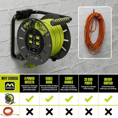 Masterplug 75ft Cord Reel, Retractable Extension Lead with Winding Handle, Safety Overload Circuit Breaker and Power Switch, 4x Grounded Outlets, 2x USB Ports, 13amps, 14AWG Cable - size: 75ft, style: 14 AWG