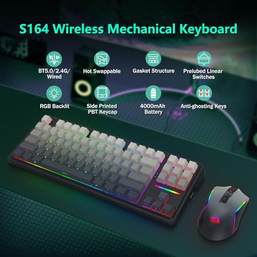 Redragon Wireless Mechanical Keyboard and Mouse Combo, RGB Backlit | Bluetooth/2.4Ghz/USB-C Wired, TKL Creamy Gaming Keyboard with Hot Swappable Linear Switches + 12800 DPI Gamer Mouse