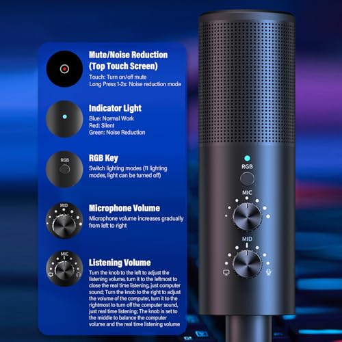 USB Microphone,with Brilliant RGB Lighting Headphone Output Volume Control, Mute for Computer Mobile Phone Live Streaming Recording