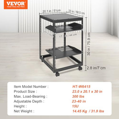 VEVOR 15U Open Frame Server Rack, 23''-40'' Adjustable Depth, Free Standing or Wall Mount Network Server Rack, 4 Post AV Rack with Casters, Holds All Your Networking IT Equipment AV Gear Router Modem - size: 15U
