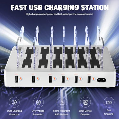 Charging Station for Multiple Devices, 6 Ports Multi Devices USB Charger Fast Cell Phone Charging Station for iPhone iPad Tablet (Silver, 6 Mixed Cables Included)
