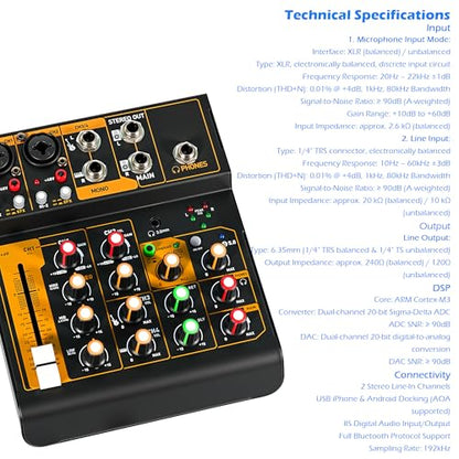 Mini Audio Mixer, Portable Mini4 DJ Board Mixer with USB Bluetooth, 4 Channel Sound Mixing Board for Wedding Party Podcast Live Performance Event