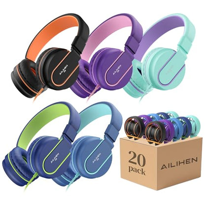AILIHEN Classroom Headphones Kids Bulk 20-Pack with Mic for School, 93dB | Volume Limited K-12 On-Ear Durable Wired Headset for Students Children, 3.5mm Jack for Chromebooks Tablets Laptop Computer - color: 20Pack