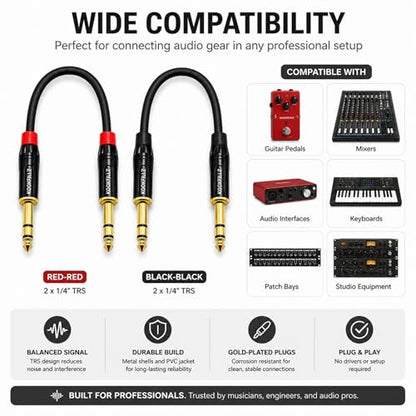 Professional Balanced TRS Patch Cable 1/4 Inch 6 Inch 2-Pack, 20AWG OFC Copper 24K Gold Plated Hand-Soldered, Studio Monitor Audio Interface Pedalboard Guitar Mixer