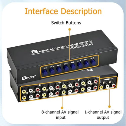 8-Port AV Switch RCA Audio Video Switcher Selector 8 in 1 Out Audio Selector Box for DVD TV Box STB Game Consoles - size: 8 Port