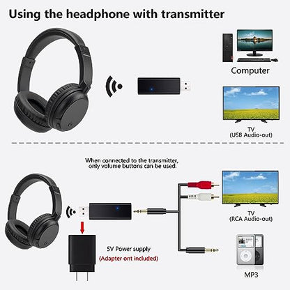 Wireless Bluetooth Headphone Over Ear, Bluetooth Transmitter for TV,PC,3.5mm Audio Device, Wired and Wireless Headset (Black) - color: Black