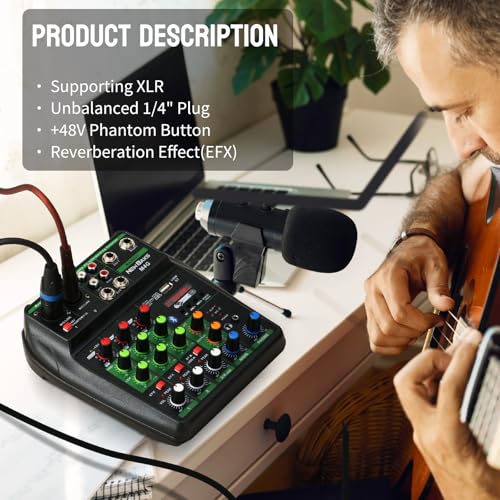 DJ Audio Mixer, DJ Mixers 4 Channel Sound Board with Bluetooth, NEW BAXS Sound Mixer Board XRL/1/4" Interface, USB/MP3 Computer Input 48V Phantom Power Stereo DJ Studio Streaming KTV Stage,Balck