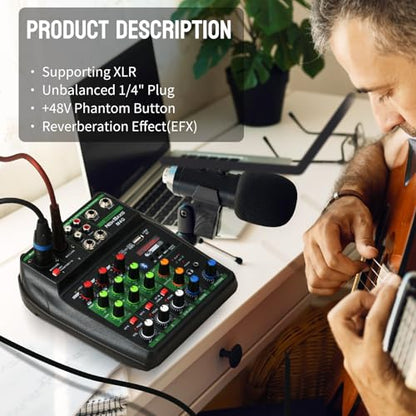 DJ Audio Mixer, DJ Mixers 4 Channel Sound Board with Bluetooth, NEW BAXS Sound Mixer Board XRL/1/4" Interface, USB/MP3 Computer Input 48V Phantom Power Stereo DJ Studio Streaming KTV Stage,Balck