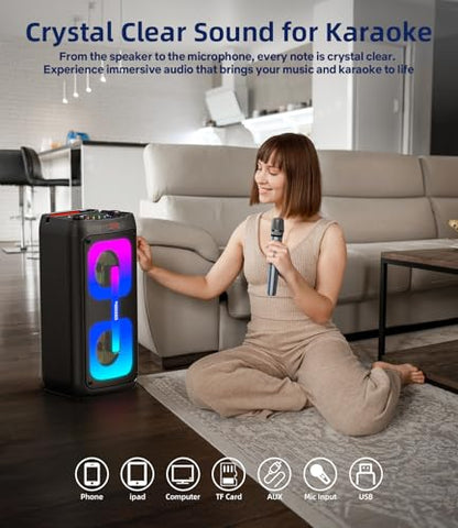 Karaoke Machine Portable Outdoor Speaker with 2 Wireless Microphones