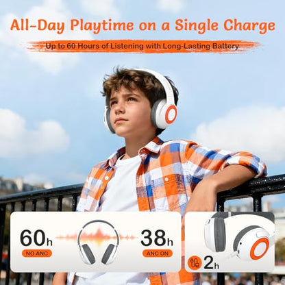 TONOSHARK Kids Bluetooth Headphones with ANC, Wireless Over-Ear Headset | for Boys and Girls, Foldable & Adjustable, Ideal for School, Travel and Online Learning (White) - color: White