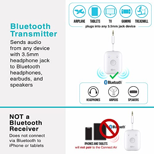 MEE audio Connect Air in-Flight Bluetooth Wireless Audio Transmitter with 2-Pack Airplane Adapter, for up to 2 AirPods/Other Headphones; Works with All 3.5mm AUX Jacks, White - color: White