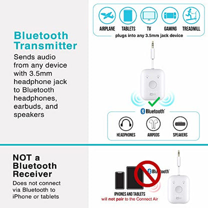 MEE audio Connect Air in-Flight Bluetooth Wireless Audio Transmitter with 2-Pack Airplane Adapter, for up to 2 AirPods/Other Headphones; Works with All 3.5mm AUX Jacks, White - color: White