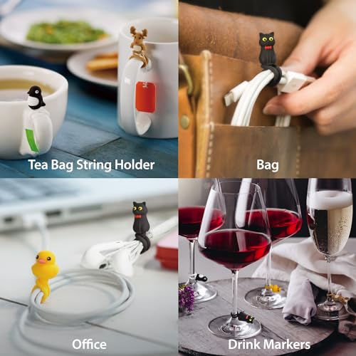 BONE Style Q Cord Ties (4 Packs), Cute Cartoon Animal Wire Management & Cord Organizer, Reusable & Washable Silicone Cable Strap (Patti Duck - Miao Cat - Mr. Deer - Maru Penguin)