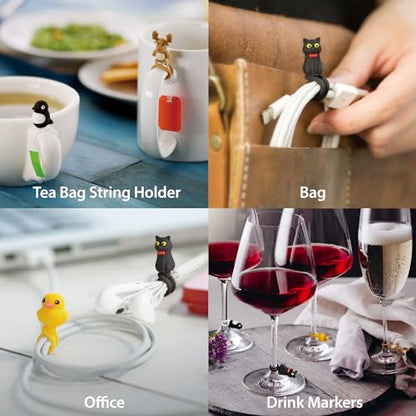 BONE Style Q Cord Ties (4 Packs), Cute Cartoon Animal Wire Management & Cord Organizer, Reusable & Washable Silicone Cable Strap (Patti Duck - Miao Cat - Mr. Deer - Maru Penguin)