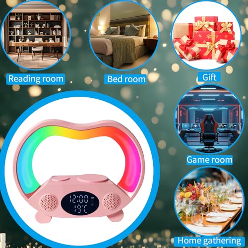 IHAO 6in1 Wireless Charging Station with Bluetooth Speaker Time&Temperature Display Alarm Clock 7-Color LED Night Lights Fast Charger for Phone, Apple Watch, Earbuds Remote Control Auto Shutoff-Pink - color: 6in1 Wireless Charger Alarm Clock ZS932 Pink