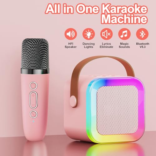 Kids Karaoke Machine Toy Ages 3-12, Wireless Mic BT Speaker, Pink - 1 Mic | Voice Changer, LED Party Lights, Duets, BT 5.3, Mini Rechargeable Portable, Christmas Birthday Gifts for Toddler Boys & Girls - color: Pink - 1