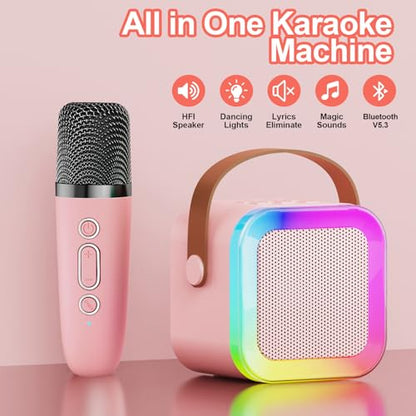 Kids Karaoke Machine Toy Ages 3-12, 2 Wireless Mics BT Speaker, Pink | Voice Changer, LED Party Lights, Duets, BT 5.3, Mini Rechargeable Portable, Christmas Birthday Gifts for Toddler Boys & Girls - color: Pink - 2
