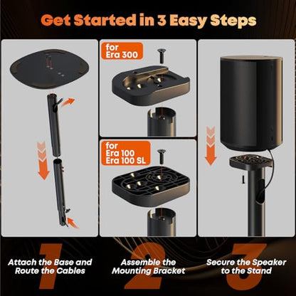 Single Speaker Stand for Sonos Era 100, 100 SL & Era 300, Hidden Cable | Set of 1, Easy to Assemble, Sturdiness, 29.1–39'' Height Adjustable, Two Base Mounting Design, Max holds 11lbs, Black - color: Black, size: 1 Pack