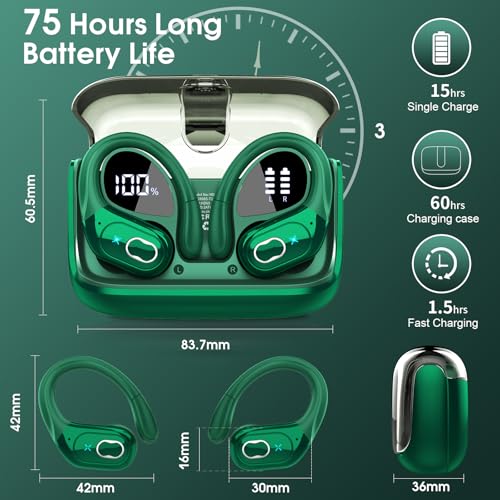 Aptkdoe Wireless Earbuds 75H Bluetooth 5.4 Sport Headphones with Earhooks | IPX7 Waterproof In-ear Buds Feature ENC Noise Cancelling Mic. Stereo Sound Device for Gym Running Workout, Dark Green - color: Dark Green
