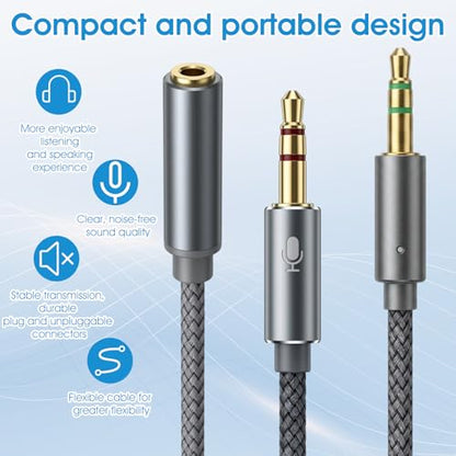 2PCS Headphone Mic Splitter, 3.5mm TRRS Female to Dual Male TRS Adapter