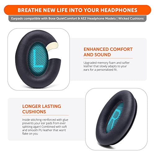 WC Wicked Cushions Upgraded Replacement Ear Pads for Bose Headphones - Compatible with QC15 / QC25 / QC35 & 35 ii / QC2 / AE2 / AE2i / AE2W / Soundlink - Softer Leather, Luxury Memory Foam | Black - color: Black