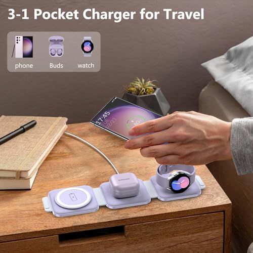 Travel Charger for Samsung Multi Devices, Foldable 3 in 1 Wireless Charging Station Fast Charging Stand/Pad Compatible for Samsung Galaxy S25/S24/S23/S22/S21/Note20 Galaxy Watch8/7/6/5/4/Galaxy Buds4 - color: Violet