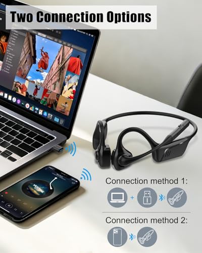 Open Ear Headphones with Mic, Bluetooth 5.1 Headset, aptX Low Latency | Air Conduction Headphone with Mute Button, Lightweight, USB A&C Dongle, Wireless Headset for Online Meeting/Call Center