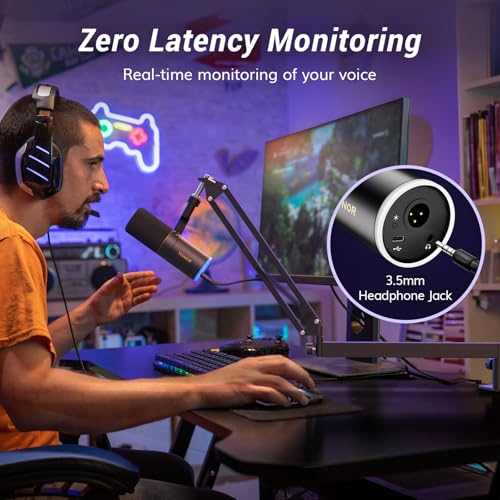TONOR Dynamic Podcast Microphone, XLR/USB Mic for Recording, Streaming, XLR Cardioid Studio Mic with Quick Mute, Volume Control, 200 cm/78inch Cable, with RGB and Low Profile Boom Arm, Black, TD520S+