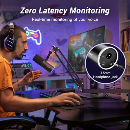 TONOR Dynamic Podcast Microphone, XLR/USB Mic for Recording, Streaming, XLR Cardioid Studio Mic with Quick Mute, Volume Control, 200 cm/78inch Cable, with RGB and Low Profile Boom Arm, Black, TD520S+
