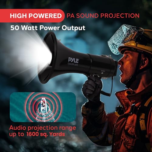 Pyle Portable Compact PA Megaphone Speaker with Alarm Siren & Adjustable Volume - 50W Handheld Lightweight Bullhorn - with Mic, AUX IN for MP3, 1200 Yards Range, Rechargeable Battery