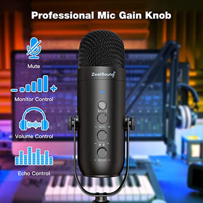 ZealSound Podcast Microphone with Boom Arm, USB Mic with Noise Reduction, Mute, Echo & Volume Control, Zero-Latency Monitoring, Compatible with PC Mac iPhone & Android, for Podcasting Gaming YouTube - color: Black
