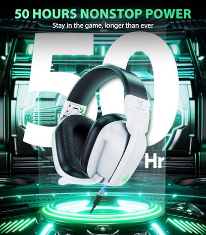 Vakedy PS5, PS4, PC, 스위치, 2.4GHz USB 및 BT 5.4용 무선 게이밍 헤드셋 | 노이즈 캔슬링 마이크, 무손실 오디오-50H 배트, PS4, 맥 및 모바일과 함께 작동, 포트나이트 및 콜 오브 듀티에 이상적, 화이트 - color: 화이트/블랙.
