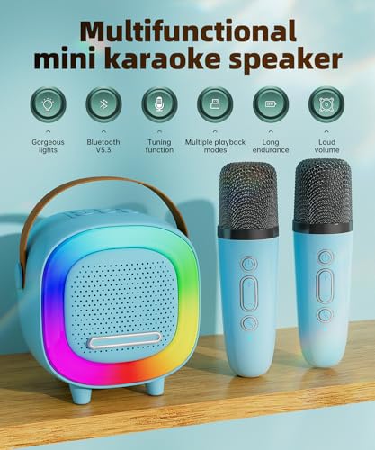 Kids Karaoke Machine Ages 3-12, Mini Wireless Microphones Bluetooth Speaker | LED Party Lights, Voice Changer, Duets, BT 5.3, Rechargeable Portable, Birthday Christmas Toys & Gifts for Boys & Girls - color: Blue - 1 Mic