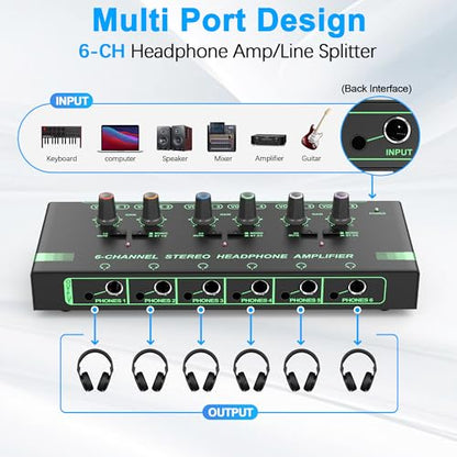 HOSONGIN 6 Channels Headphone Amplifier with Independent Volume Control, Compact Mini Earphone Splitter, Stereo/Mono Switch, Compatible with 1/4" & 1/8" TS/TRS for Studio & Stage